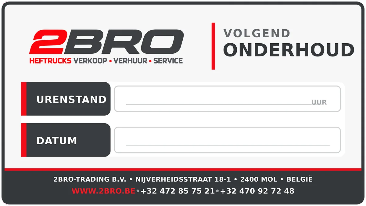 Onderhoudssticker van 2Bro met de urenstand en datum van het volgende onderhoud